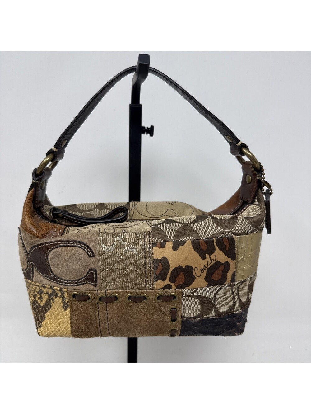 Coach Patchwork Shoulder Bag Brown Signature Leopard Y2K Mini Hobo Purse
